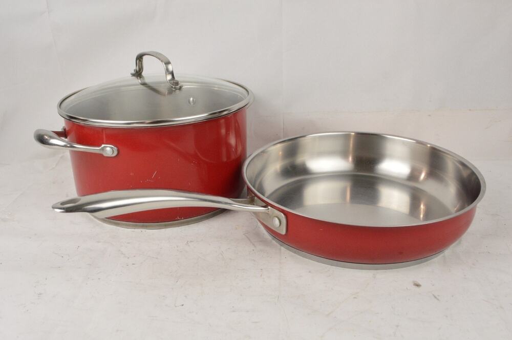 KitchenAid Red Enamel Stainless Steel Set 6QT Pot + 3.5QT Frying Pan W/ WQ534